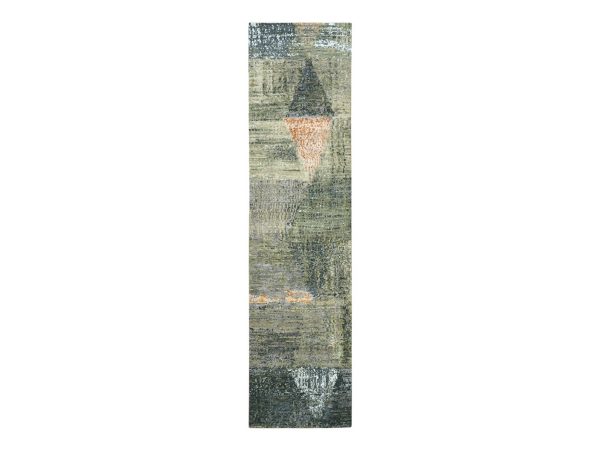 2'7"x10'4" Charcoal Gray and Beige, Mid Century Modern Contemporary Design, Persian Knot, Hand Knotted, 100% Wool, Runner, Oriental Rug HR83368