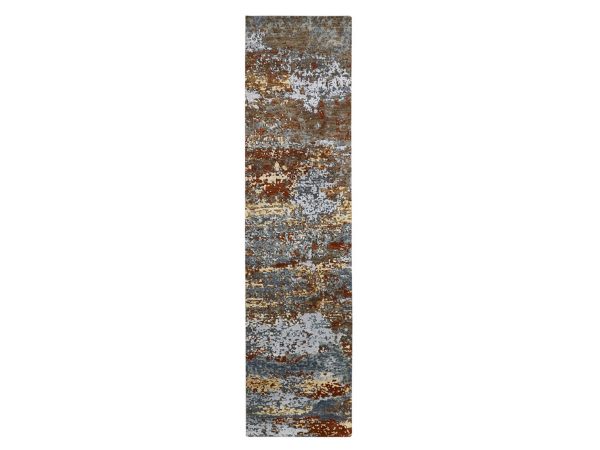 2'6"x10' Toffee Brown and Rust, Abstract with Galaxy Design, Hand Knotted, 100% Wool, Persian Knot, Densely Woven, Narrow Runner, Oriental Rug HR83370