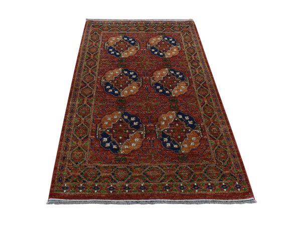 4'1"x6'2" Barn Red, Vegetable Dyes, Hand Spun Ghazni Wool, Afghan Ersari Elephant Feet Design, Hand Knotted, Oriental Rug HR87613