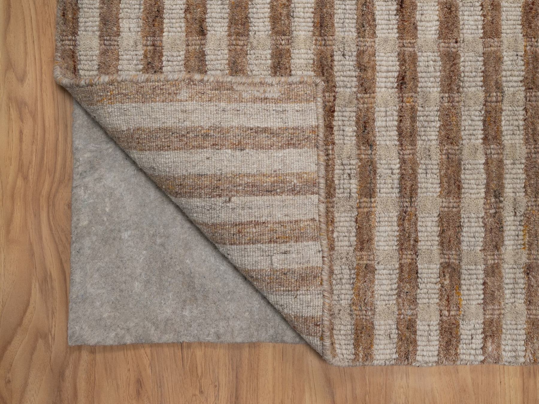2'1"x3'2" Tan and Beaver Brown, Vertical Stripes Design with Salt and Pepper Effect, Hand Loomed, Undyed Natural Wool, Sample, Mat, Oriental Rug HR92855 - Image 3