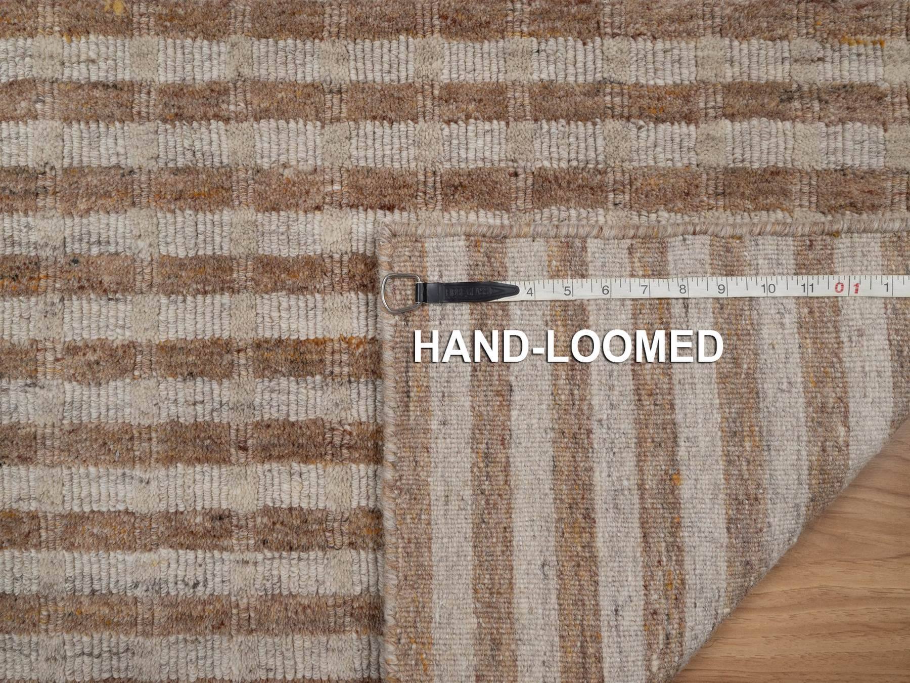 2'1"x3'2" Tan and Beaver Brown, Vertical Stripes Design with Salt and Pepper Effect, Hand Loomed, Undyed Natural Wool, Sample, Mat, Oriental Rug HR92855 - Image 8
