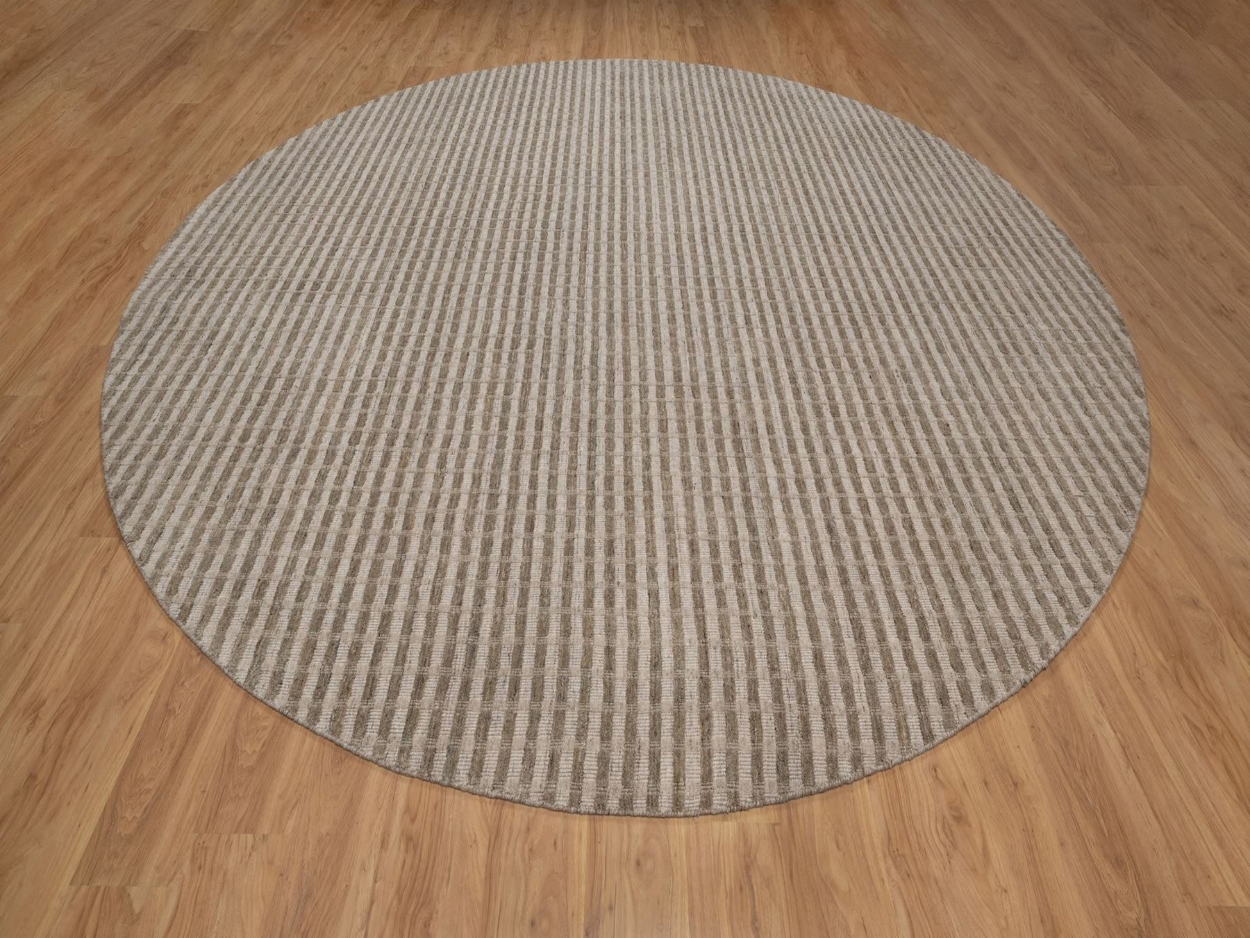 12'x12' Tan and Beaver Brown, Stripes Design with Salt and Pepper Effect, Hand Loomed, Undyed Natural Wool, Round, Oriental Rug HR92868 - Image 2