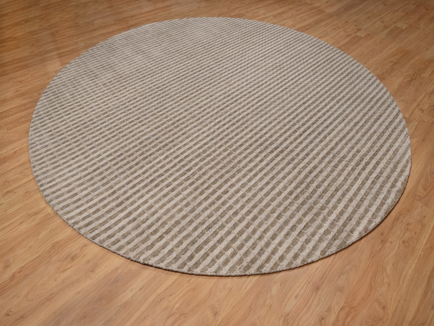 12'x12' Tan and Beaver Brown, Stripes Design with Salt and Pepper Effect, Hand Loomed, Undyed Natural Wool, Round, Oriental Rug HR92868 - Image 3