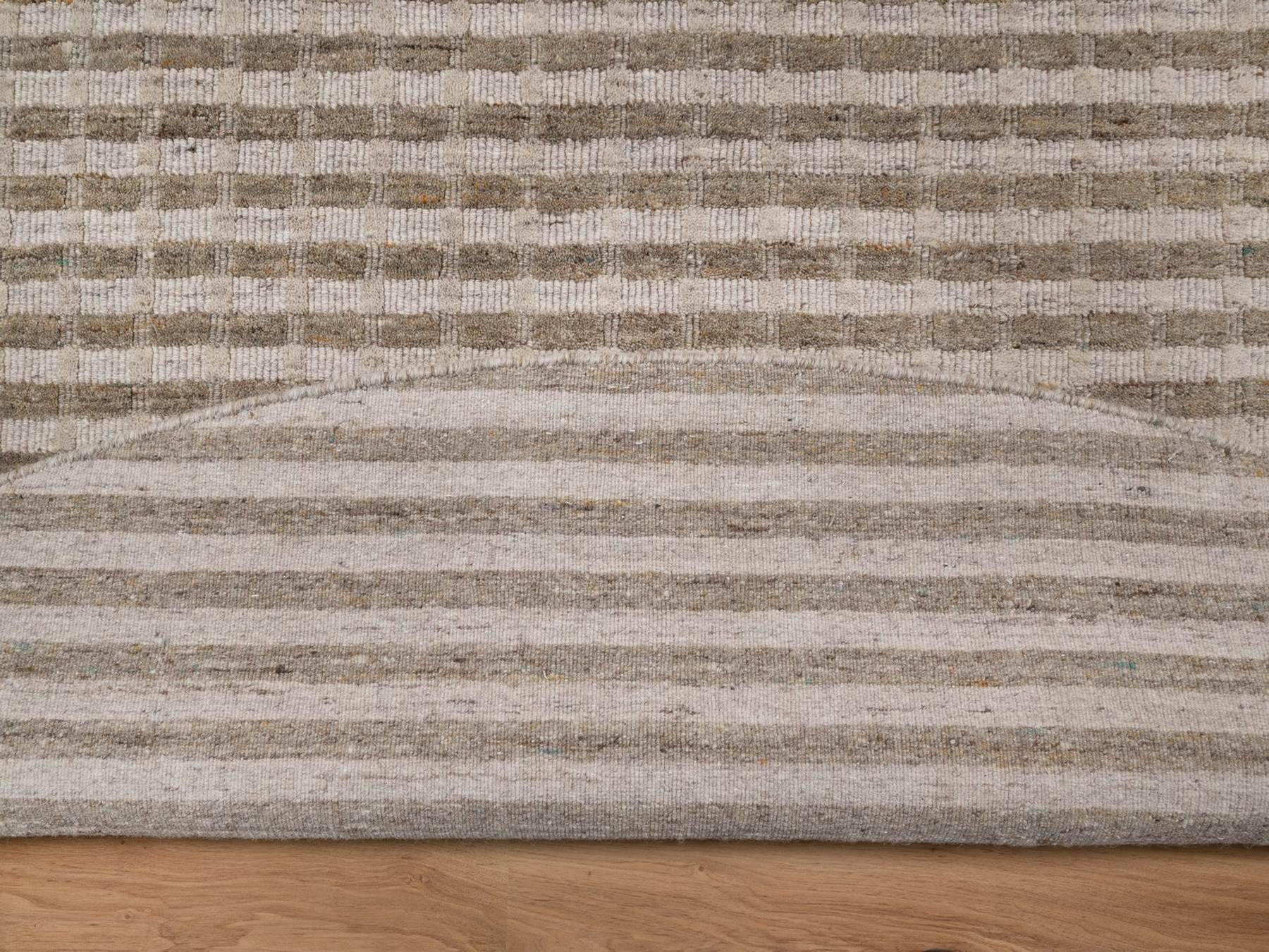 12'x12' Tan and Beaver Brown, Stripes Design with Salt and Pepper Effect, Hand Loomed, Undyed Natural Wool, Round, Oriental Rug HR92868 - Image 4