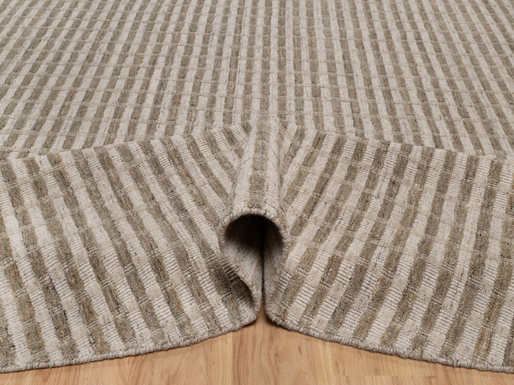 12'x12' Tan and Beaver Brown, Stripes Design with Salt and Pepper Effect, Hand Loomed, Undyed Natural Wool, Round, Oriental Rug HR92868 - Image 5