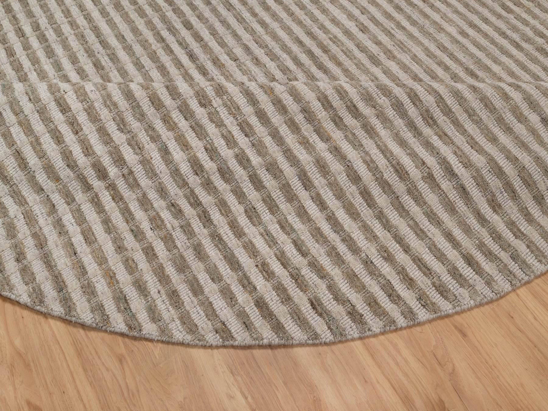12'x12' Tan and Beaver Brown, Stripes Design with Salt and Pepper Effect, Hand Loomed, Undyed Natural Wool, Round, Oriental Rug HR92868 - Image 6