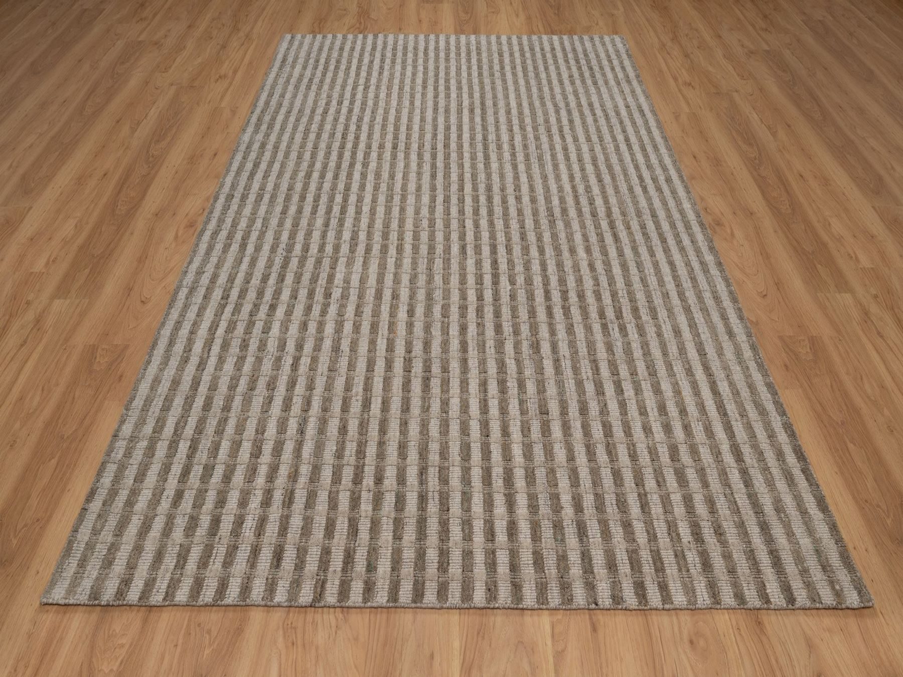 6'x9'2" Tan and Beaver Brown, Vertical Stripes Design with Salt and Pepper Effect, Hand Loomed, Undyed Natural Wool, Oriental Rug HR92874 - Image 2