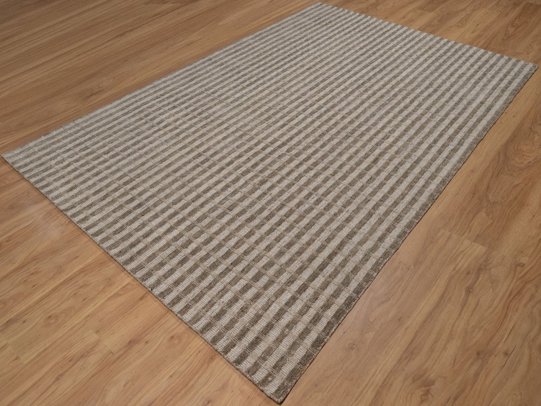 6'x9'2" Tan and Beaver Brown, Vertical Stripes Design with Salt and Pepper Effect, Hand Loomed, Undyed Natural Wool, Oriental Rug HR92874 - Image 3
