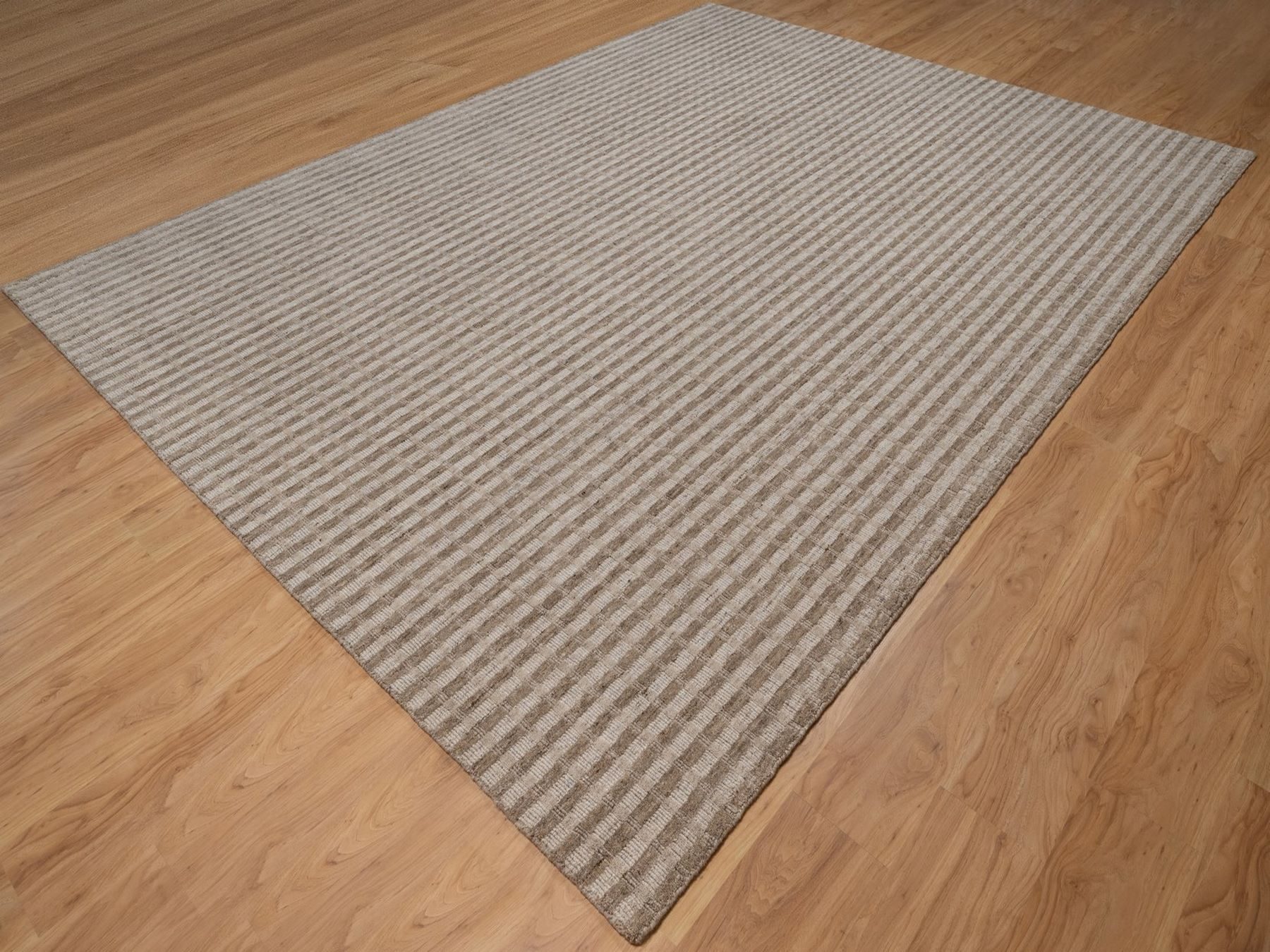 9'x12' Tan and Beaver Brown, Vertical Stripes Design with Salt and Pepper Effect, Hand Loomed, Undyed Natural Wool, Oriental Rug HR92876 - Image 3
