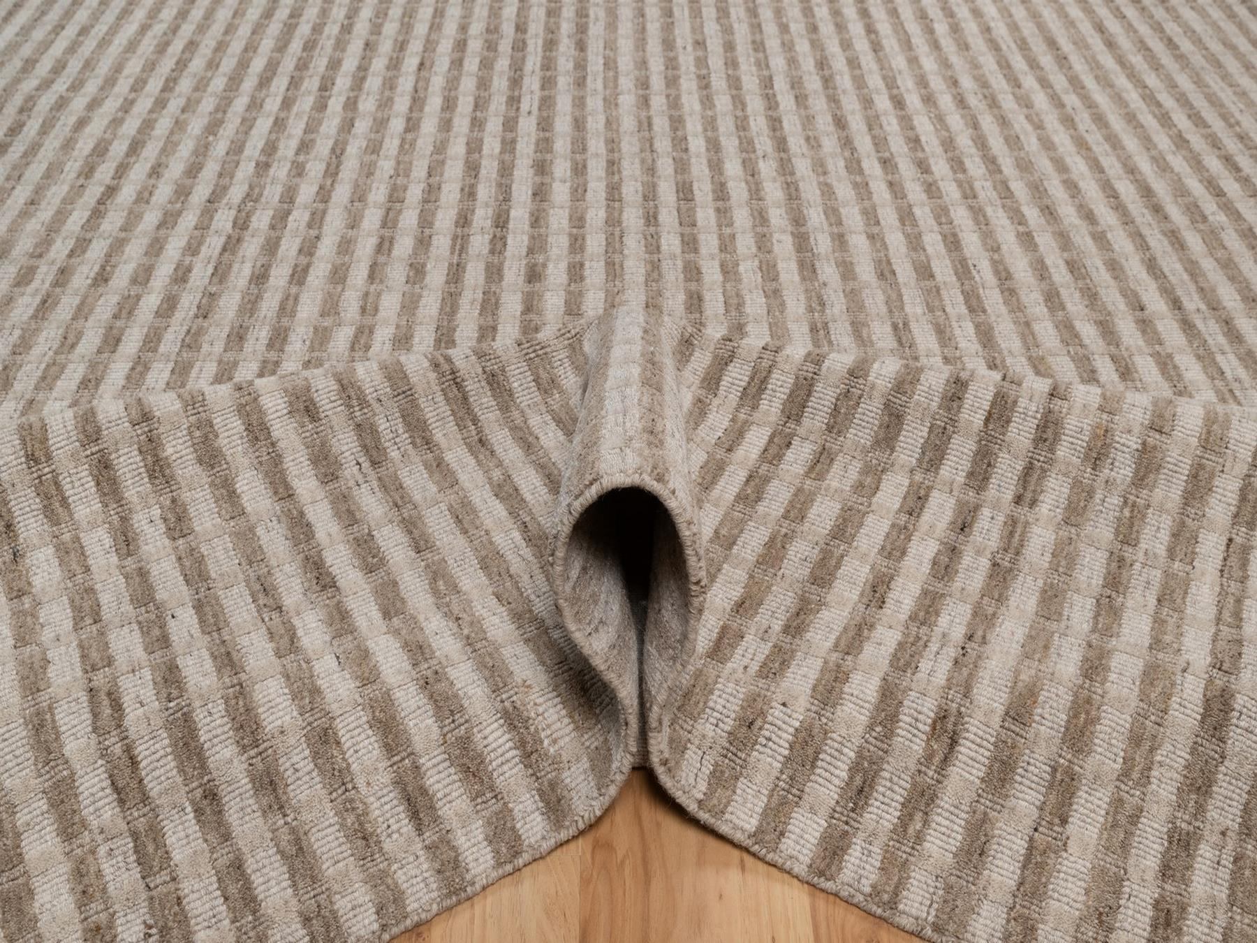 9'x12' Tan and Beaver Brown, Vertical Stripes Design with Salt and Pepper Effect, Hand Loomed, Undyed Natural Wool, Oriental Rug HR92876 - Image 5