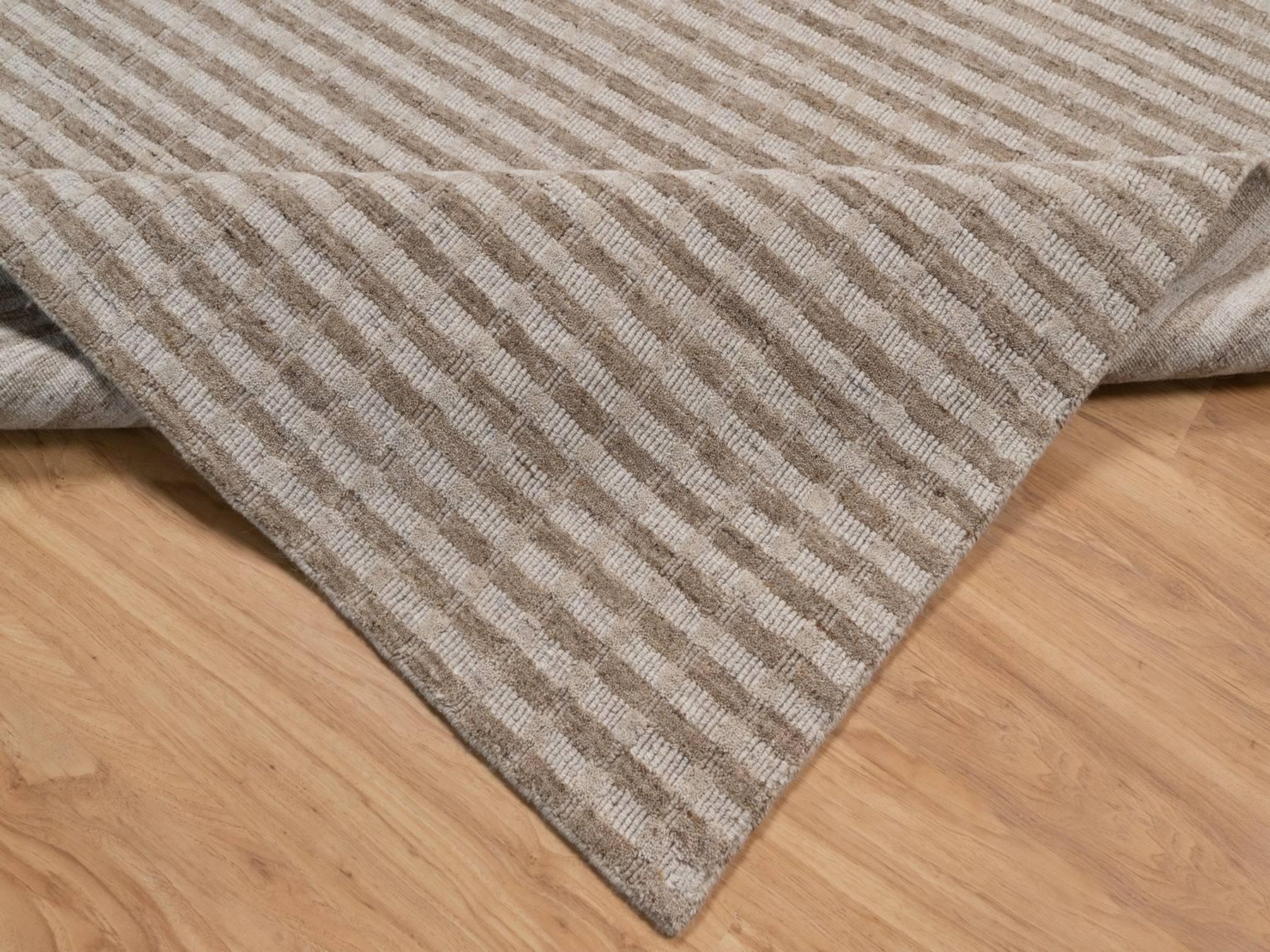9'x12' Tan and Beaver Brown, Vertical Stripes Design with Salt and Pepper Effect, Hand Loomed, Undyed Natural Wool, Oriental Rug HR92876 - Image 6