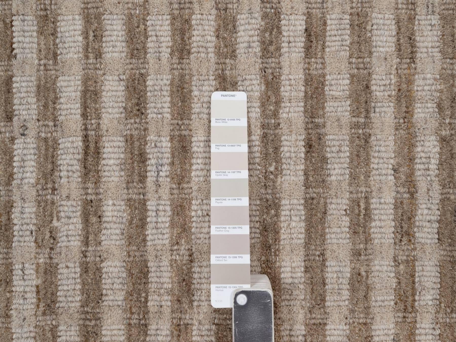 2'x3' Tan and Beaver Brown, Vertical Stripes Design with Salt and Pepper Effect, Hand Loomed, Undyed Natural Wool, Mat, Sample, Oriental Rug HR92881 - Image 4