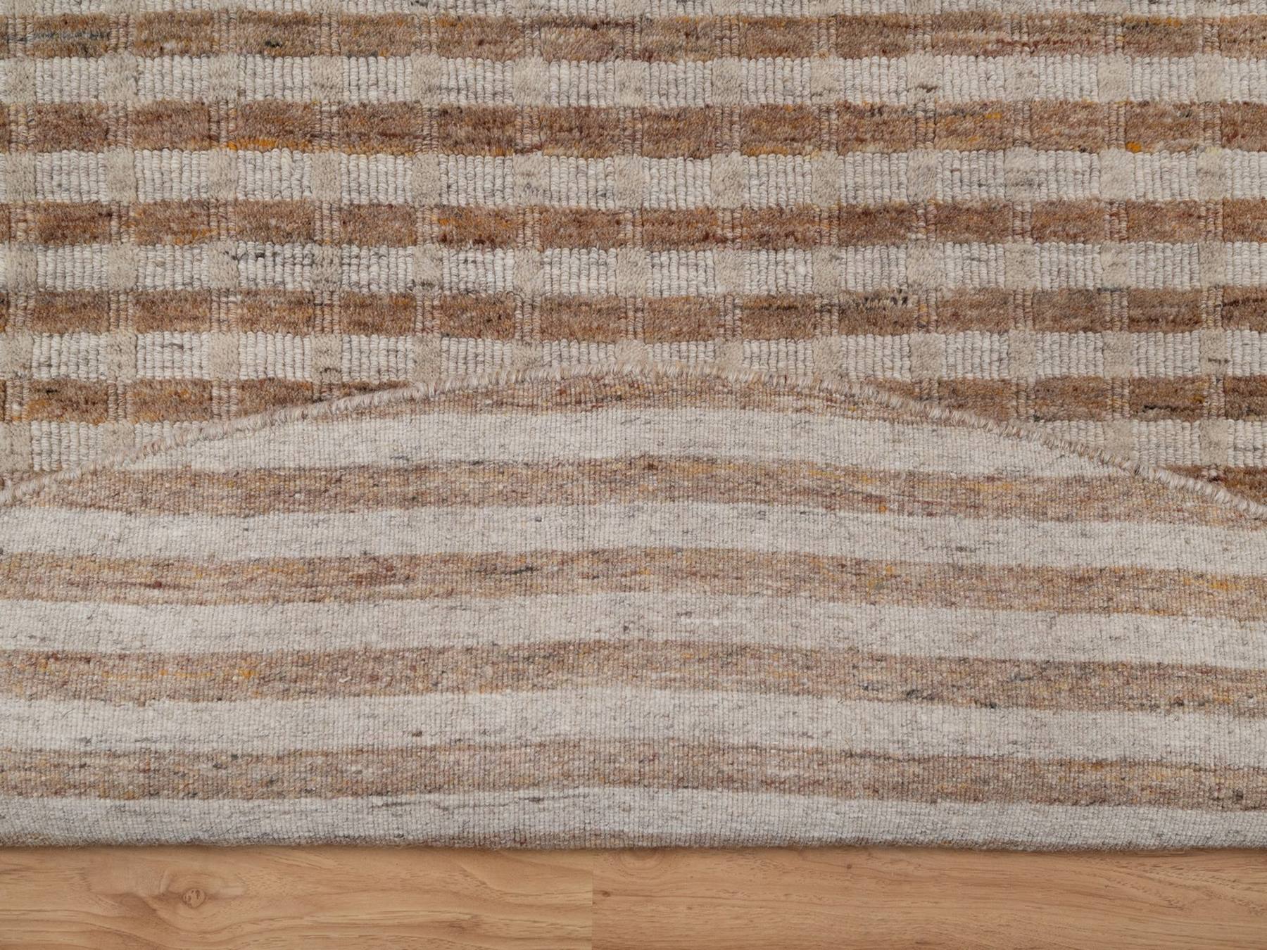 8'x8' Tan and Beaver Brown, Stripes Design with Salt and Pepper Effect, Hand Loomed, Undyed Natural Wool, Round, Oriental Rug HR92885 - Image 4