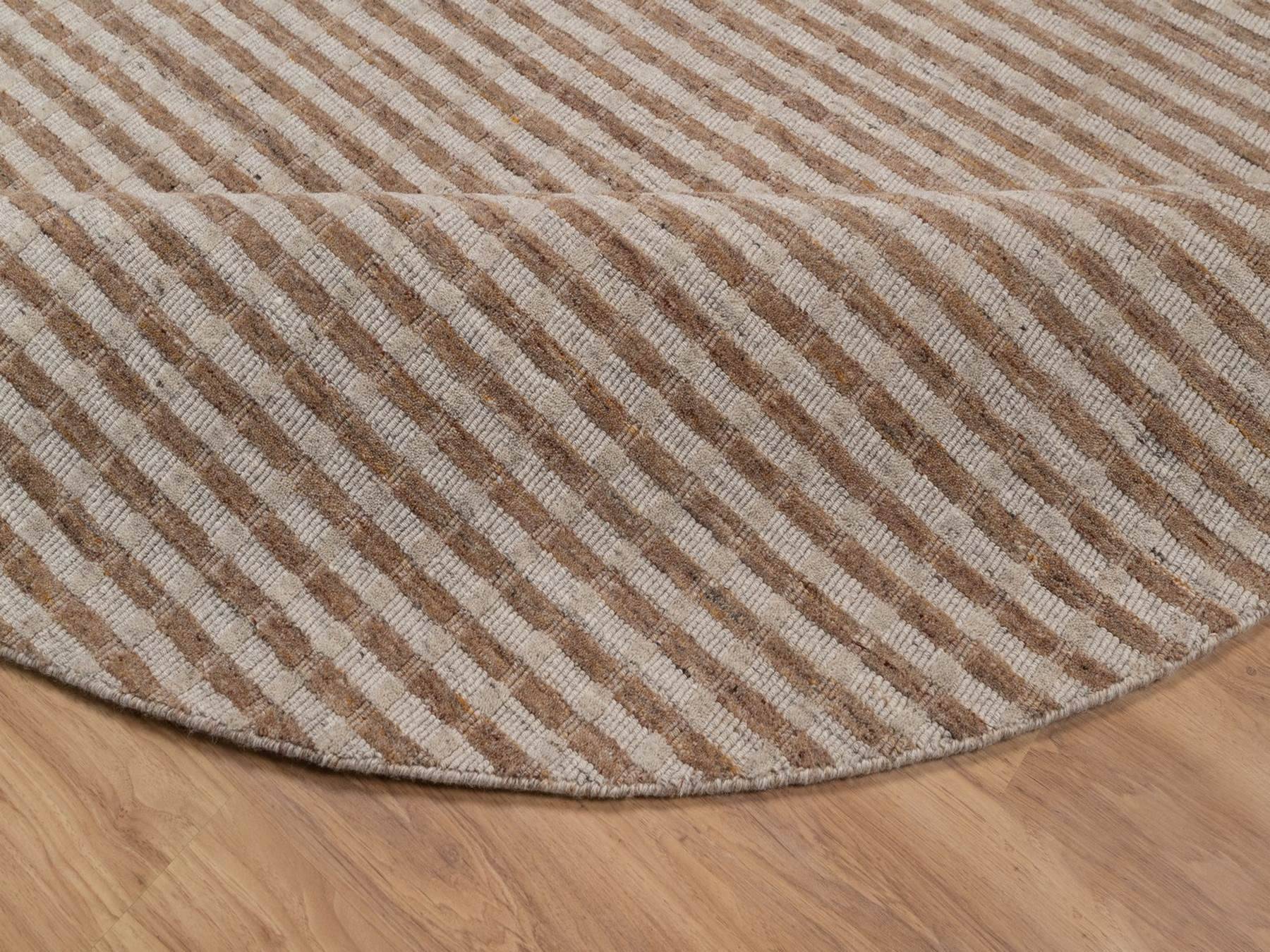8'x8' Tan and Beaver Brown, Stripes Design with Salt and Pepper Effect, Hand Loomed, Undyed Natural Wool, Round, Oriental Rug HR92885 - Image 6