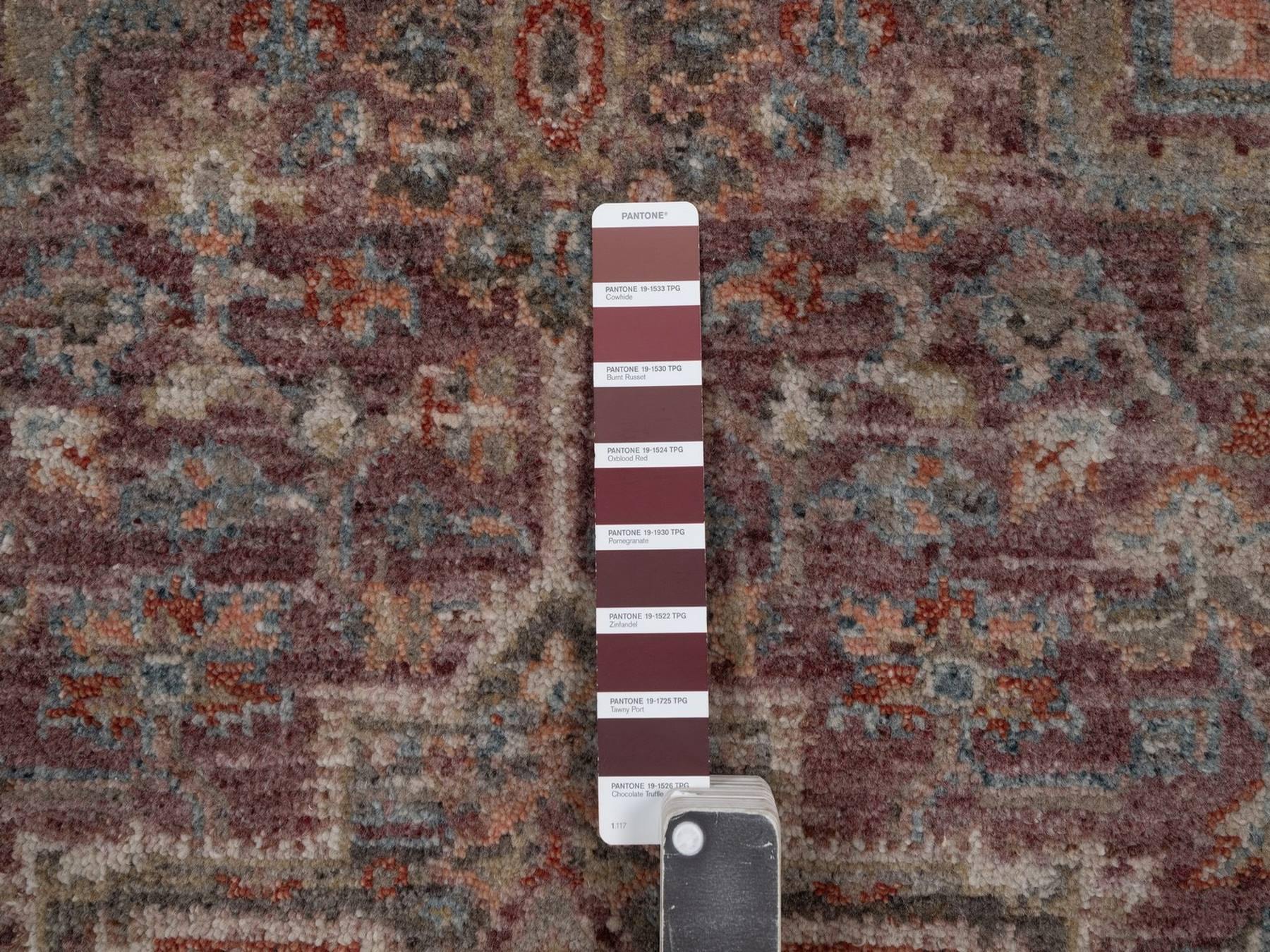 4'x9'10" Wine Red, Heriz Revival with Geometric Medallions, Hand Knotted, Soft Wool, Vegetable Dyes, Thick and Plush, Wide Runner, Oriental Rug HR92887 - Image 4