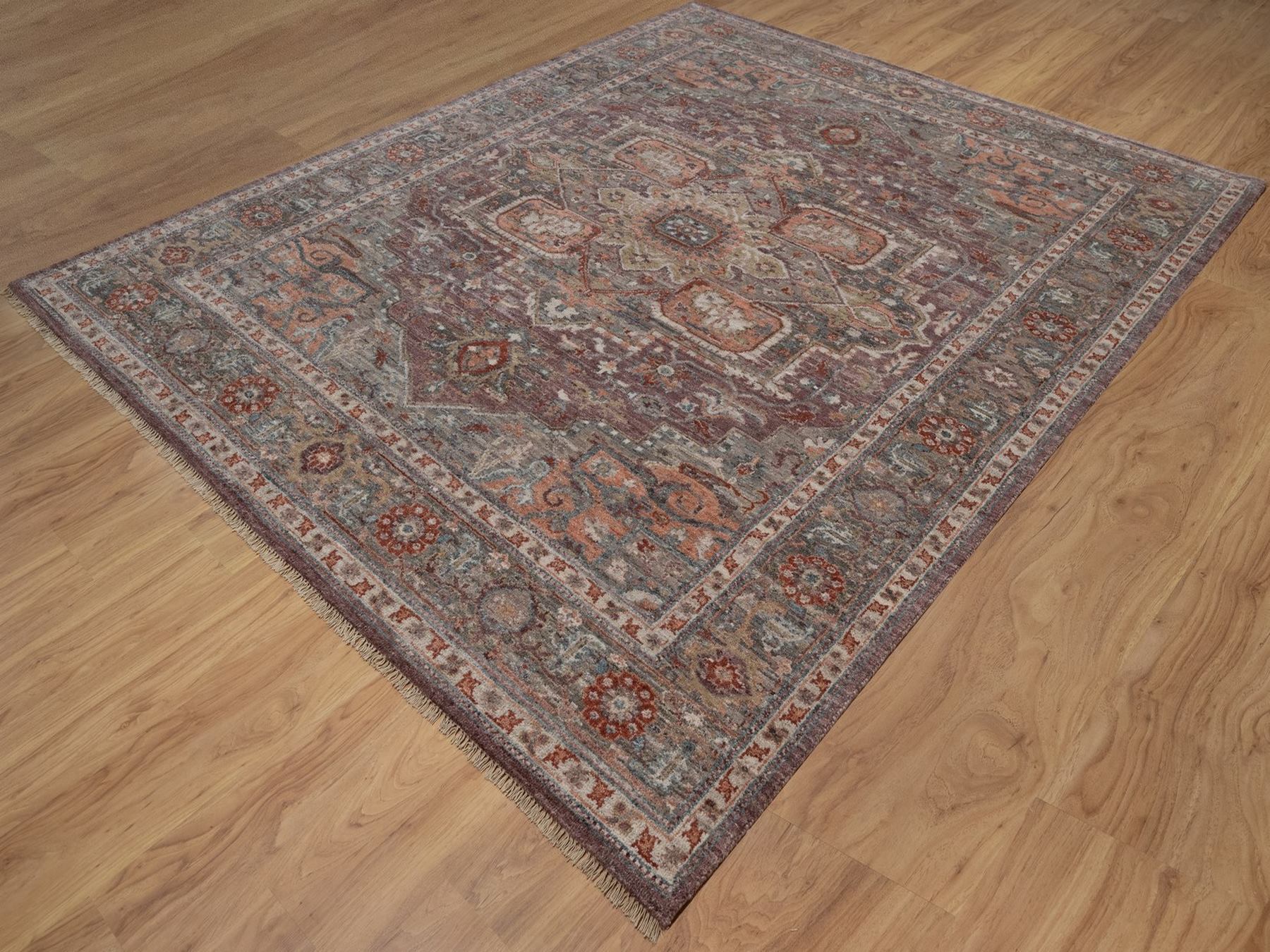 8'x10' Wine Red, Heriz Revival with Large Medallion, Vegetable Dyes, Hand Knotted, Soft Wool, Thick and Plush, Oriental Rug HR92896 - Image 3