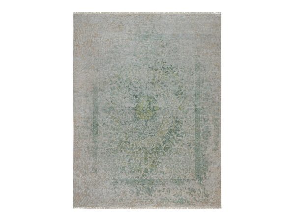 7'9"x10'1" Silver with Green, Broken and Erased Persian Design, Hand Knotted, Wool and Pure Silk, Oriental Rug HR92897
