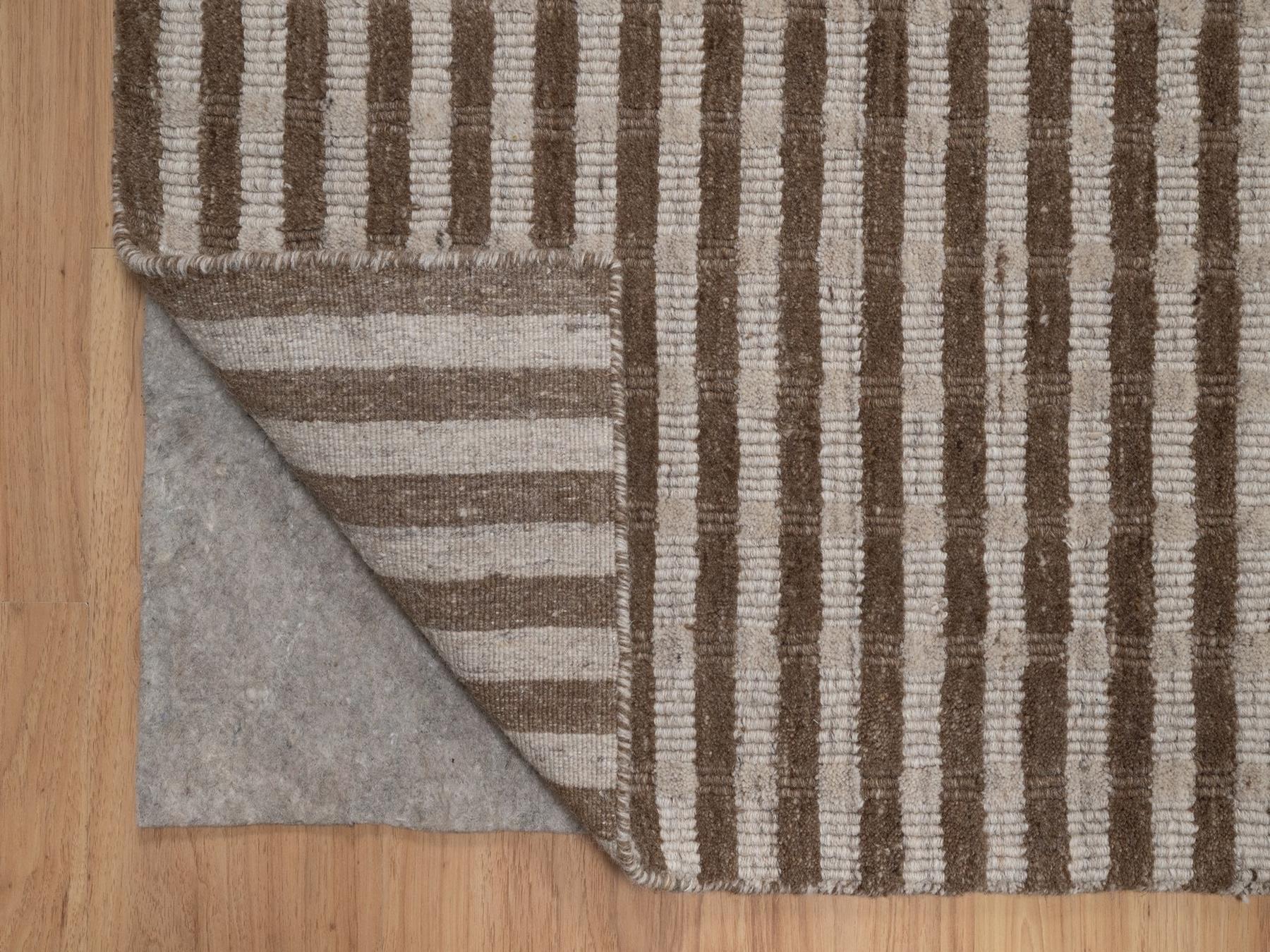 6'x9'2" Tan and Chocolate Brown, Vertical Stripes Design with Salt and Pepper Effect, Hand Loomed, Undyed Natural Wool, Oriental Rug HR92898 - Image 4
