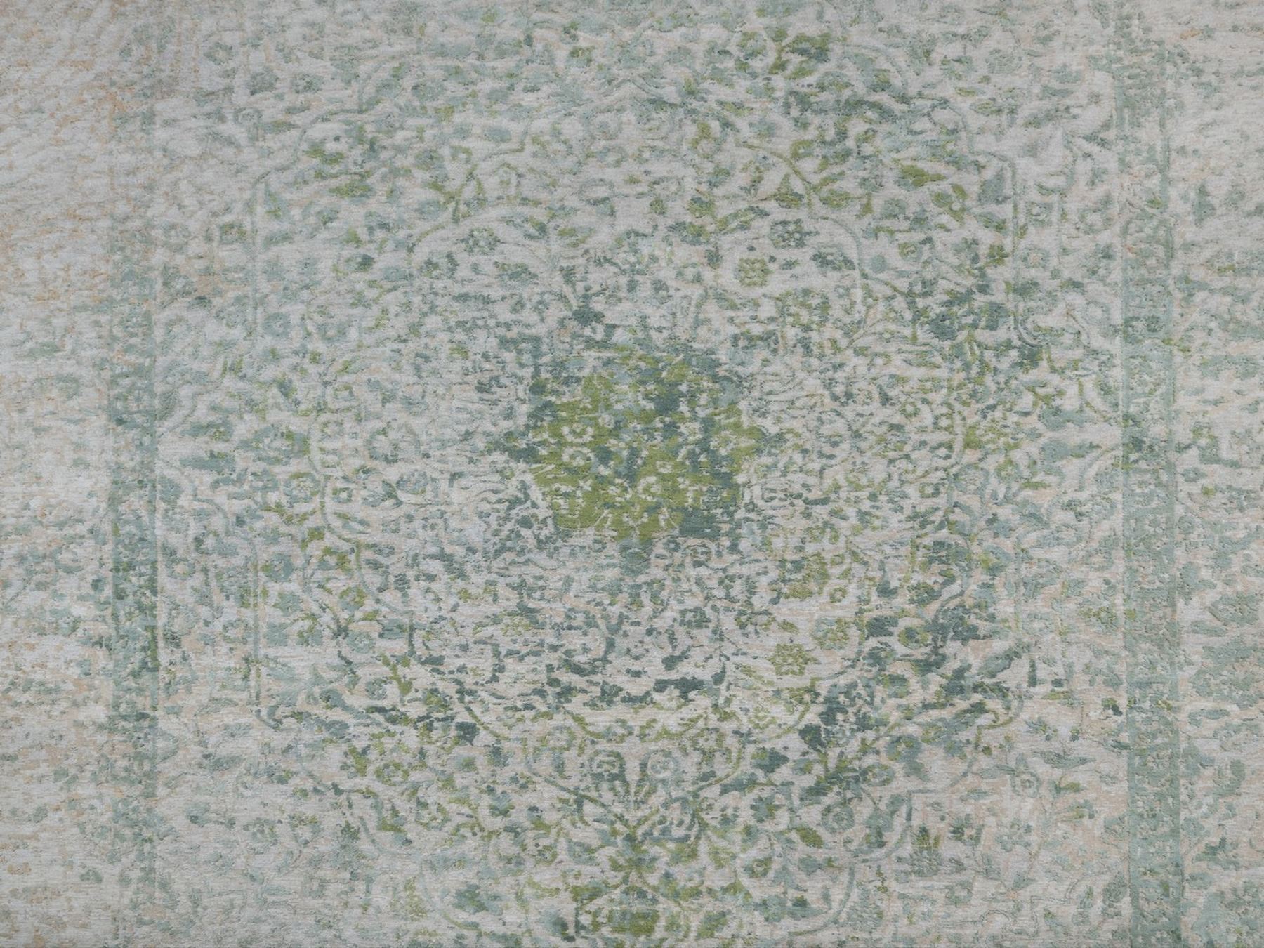 9'9"x14' Silver with Green, Broken and Erased Persian Design, Hand Knotted, Wool and Pure Silk, Oriental Rug HR92899 - Image 8