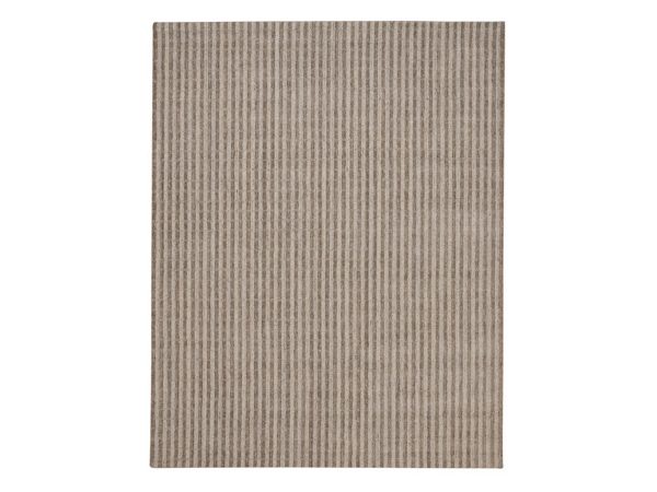 8'x10'2" Tan and Beaver Brown, Hand Loomed, Vertical Stripes Design with Salt and Pepper Effect, Undyed Natural Wool, Oriental Rug HR92912