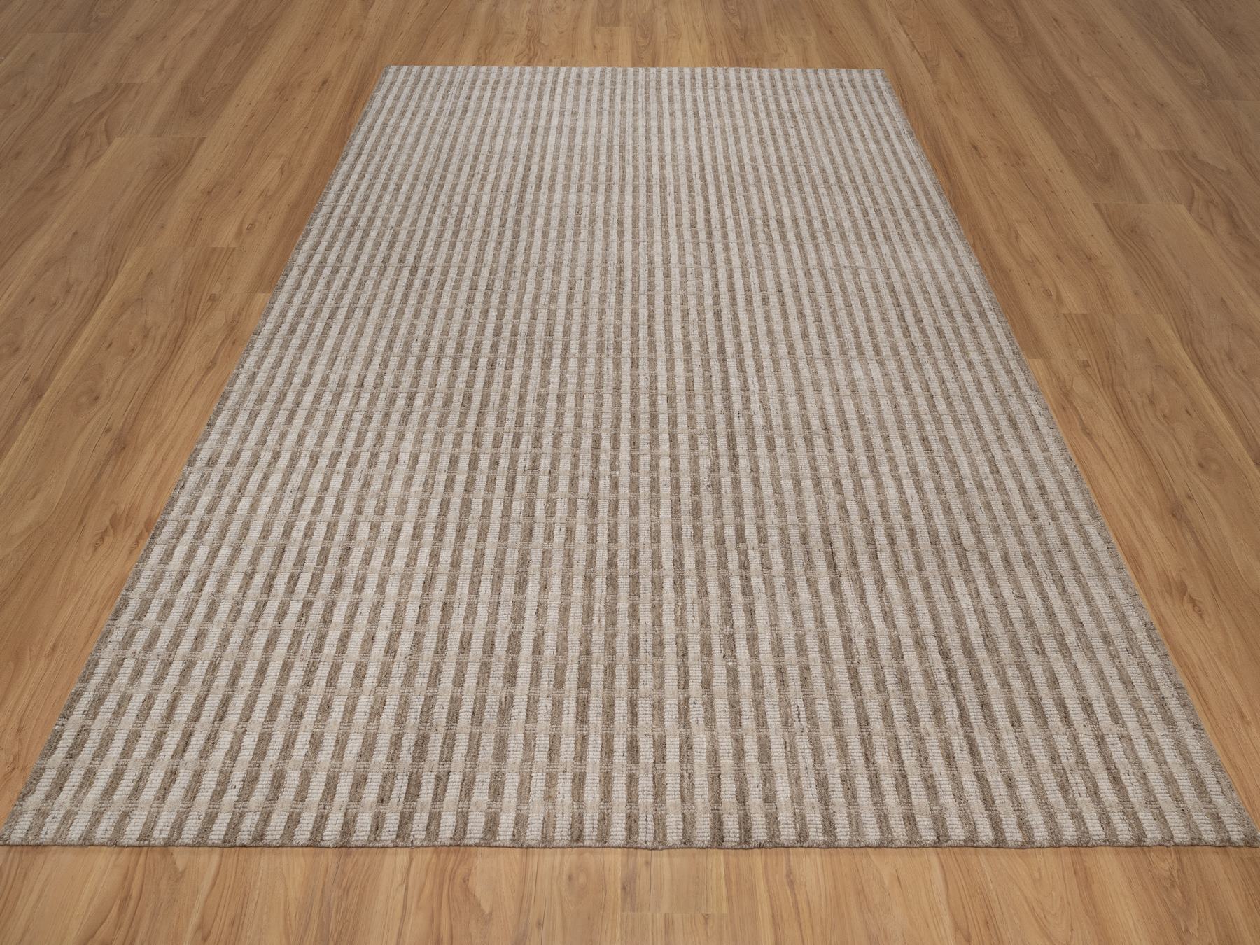 8'x10'2" Tan and Beaver Brown, Hand Loomed, Vertical Stripes Design with Salt and Pepper Effect, Undyed Natural Wool, Oriental Rug HR92912 - Image 2