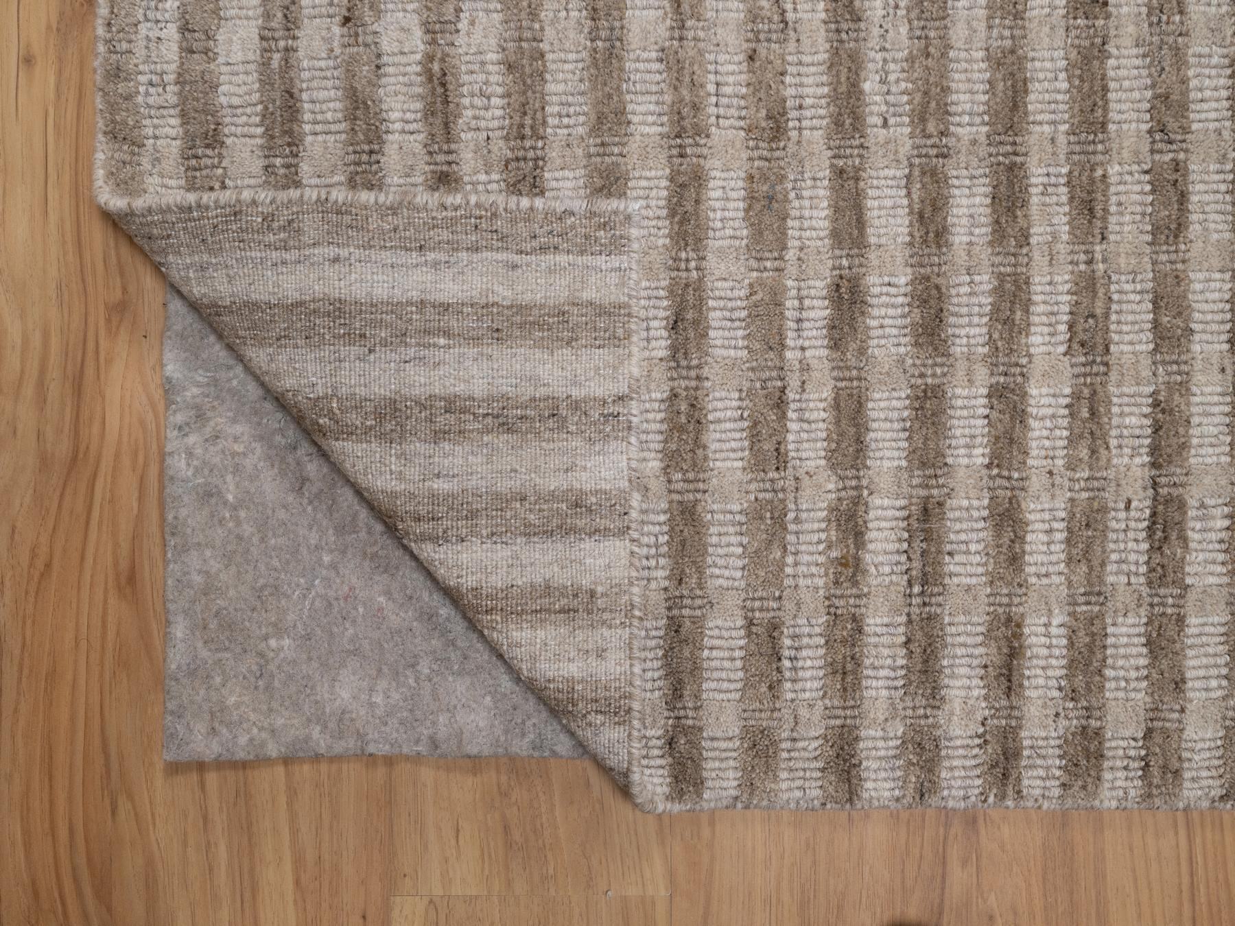 8'x10'2" Tan and Beaver Brown, Hand Loomed, Vertical Stripes Design with Salt and Pepper Effect, Undyed Natural Wool, Oriental Rug HR92912 - Image 4
