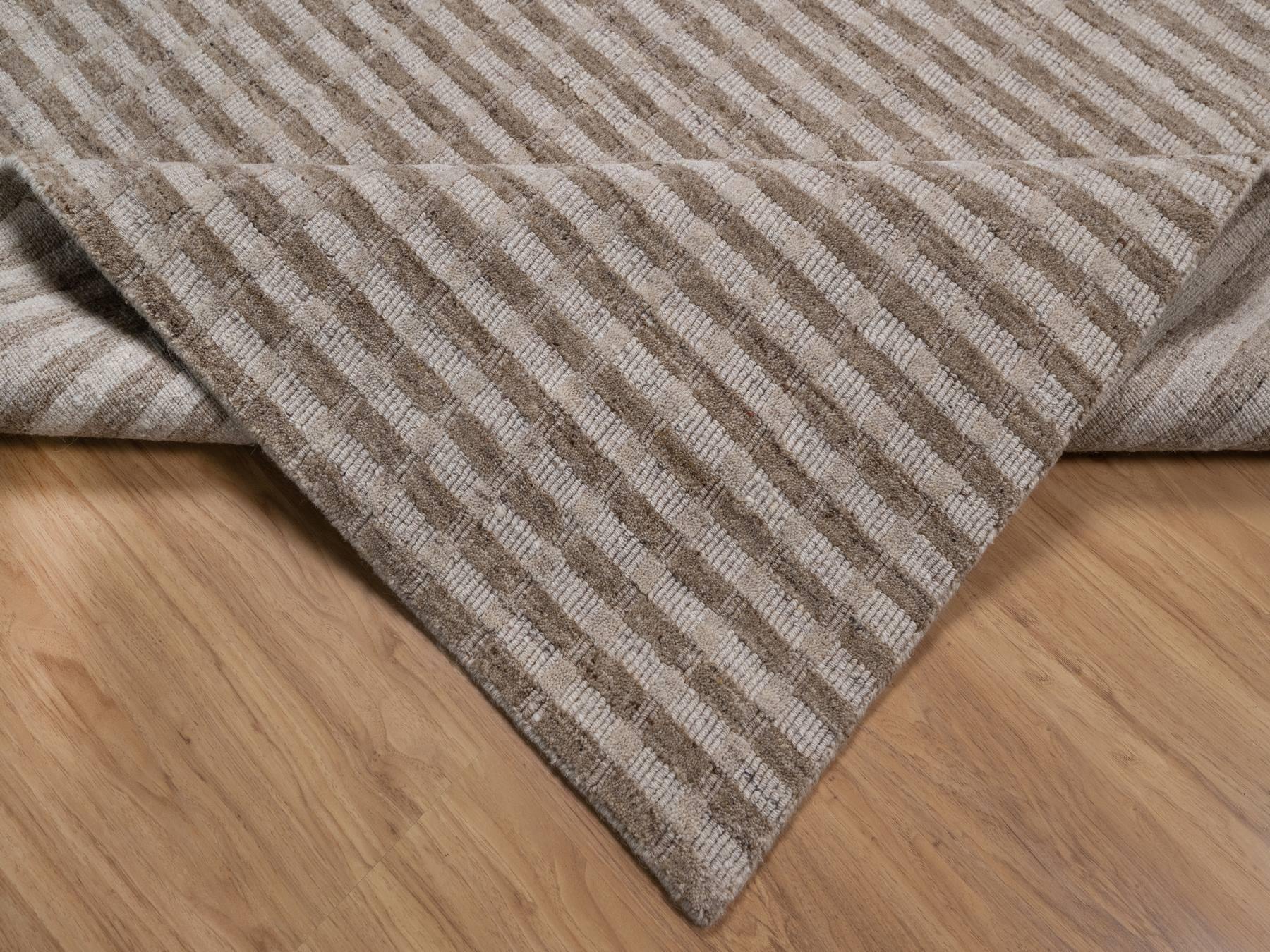 8'x10'2" Tan and Beaver Brown, Hand Loomed, Vertical Stripes Design with Salt and Pepper Effect, Undyed Natural Wool, Oriental Rug HR92912 - Image 6