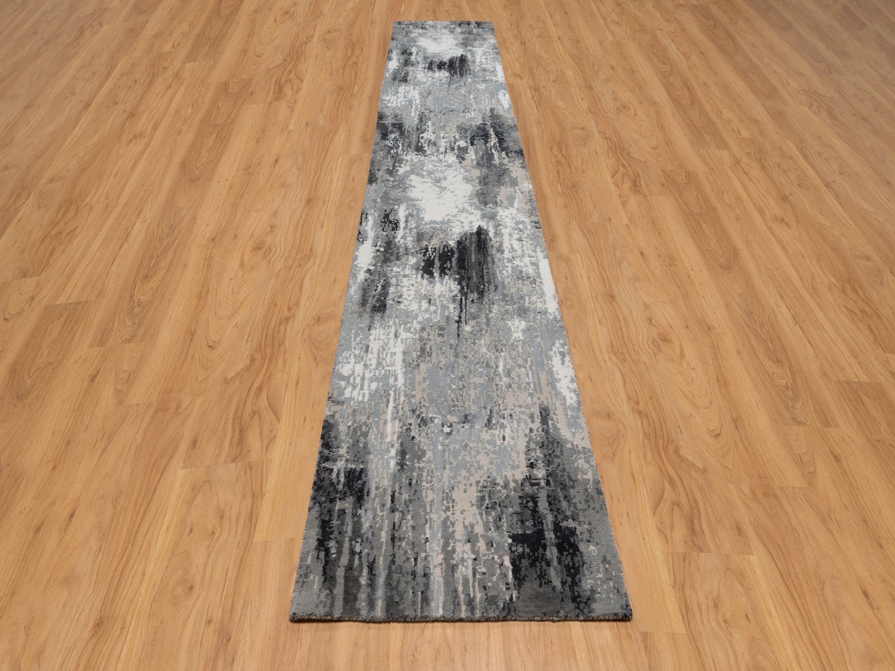 2'6"x16' Black with Touches of Ivory, Modern Abstract Design, Hand Knotted, Soft to the Touch, Wool and Silk, XL, Narrow Runner, Oriental Rug HR92917 - Image 2
