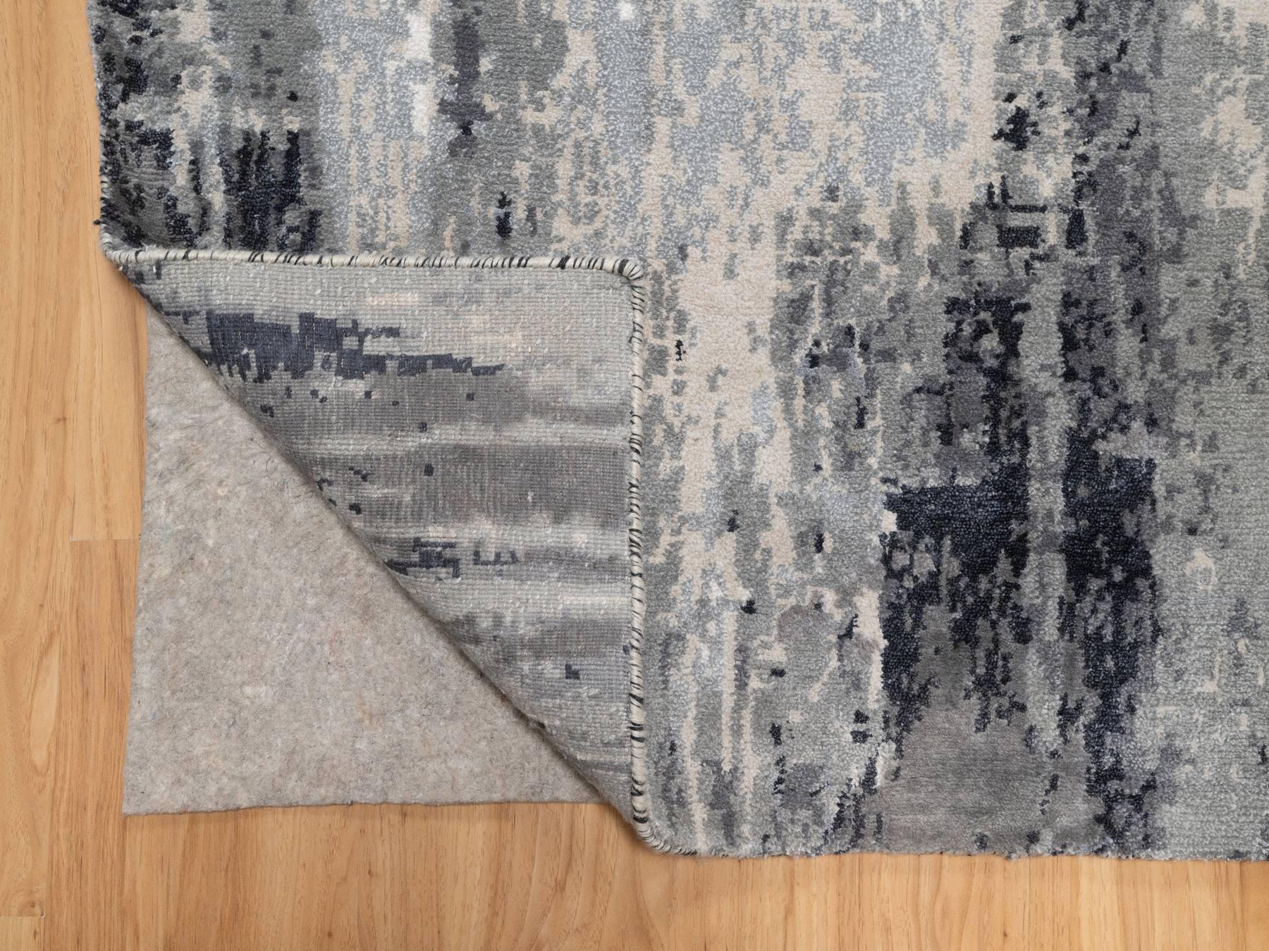 2'6"x16' Black with Touches of Ivory, Modern Abstract Design, Hand Knotted, Soft to the Touch, Wool and Silk, XL, Narrow Runner, Oriental Rug HR92917 - Image 3