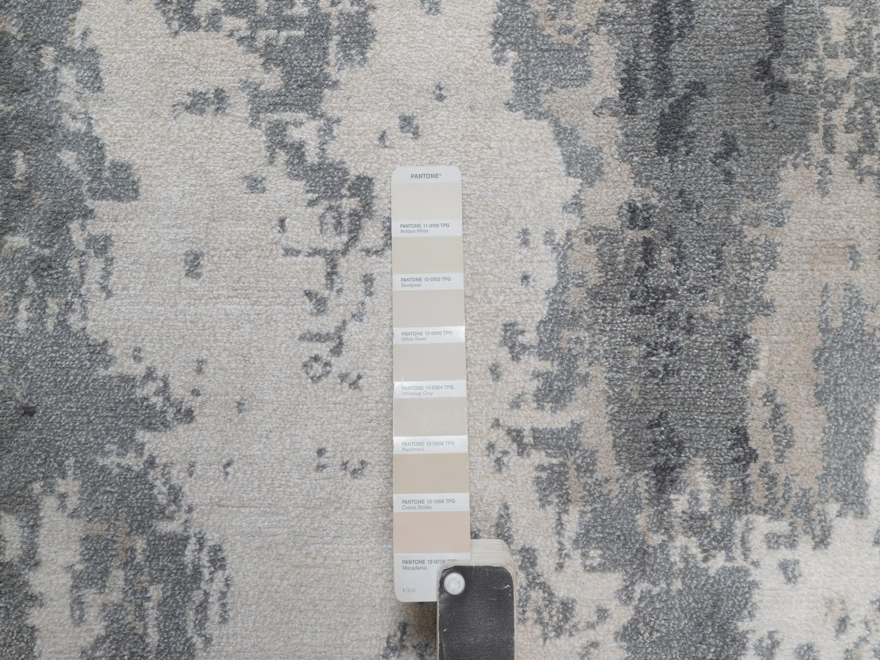 2'6"x16' Black with Touches of Ivory, Modern Abstract Design, Hand Knotted, Soft to the Touch, Wool and Silk, XL, Narrow Runner, Oriental Rug HR92917 - Image 4