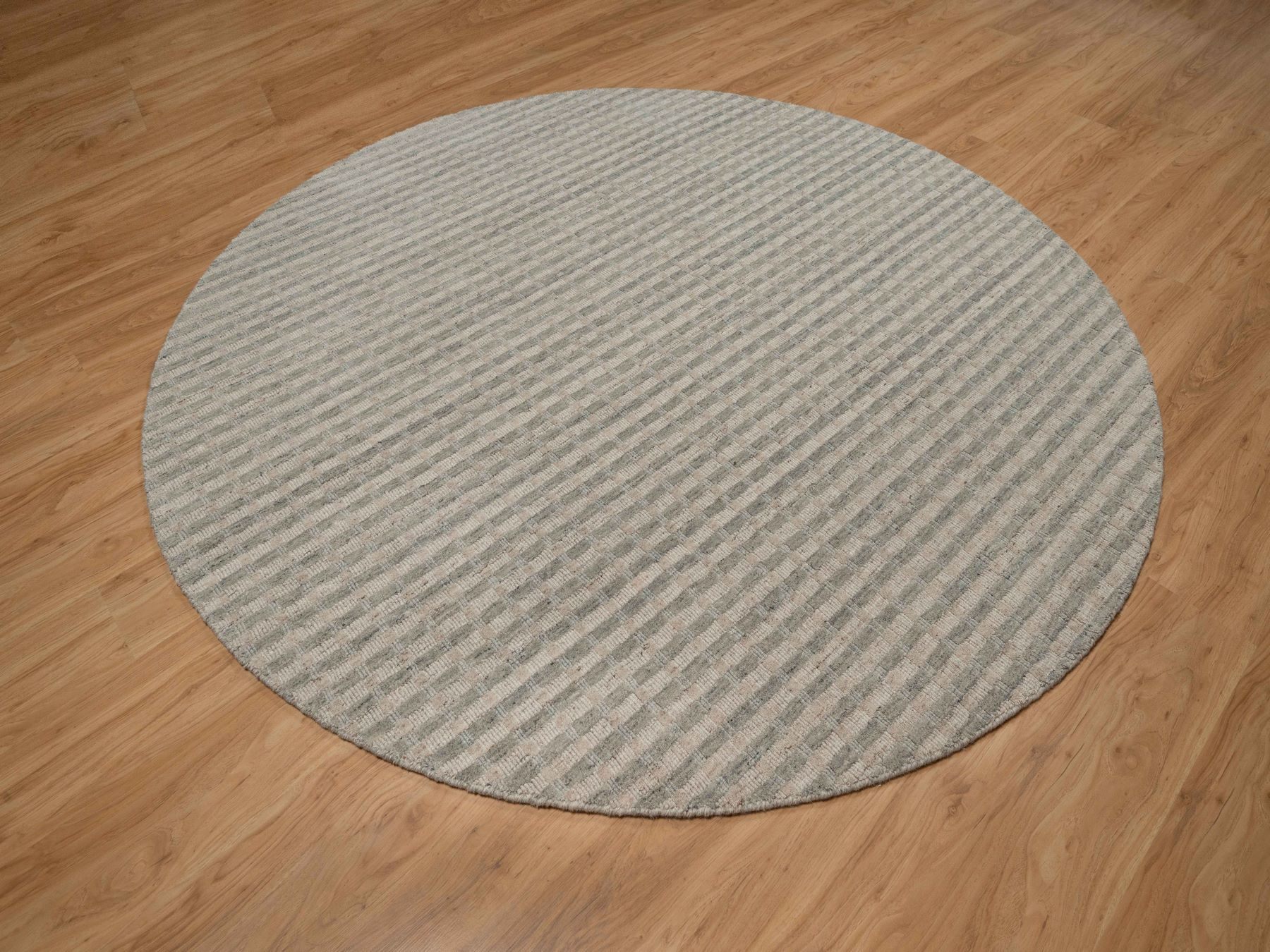 8'x8' Tan Brown and Gray, Stripes Design with Salt and Pepper Effect, Hand Loomed, Undyed Natural Wool, Round, Oriental Rug HR92918 - Image 3