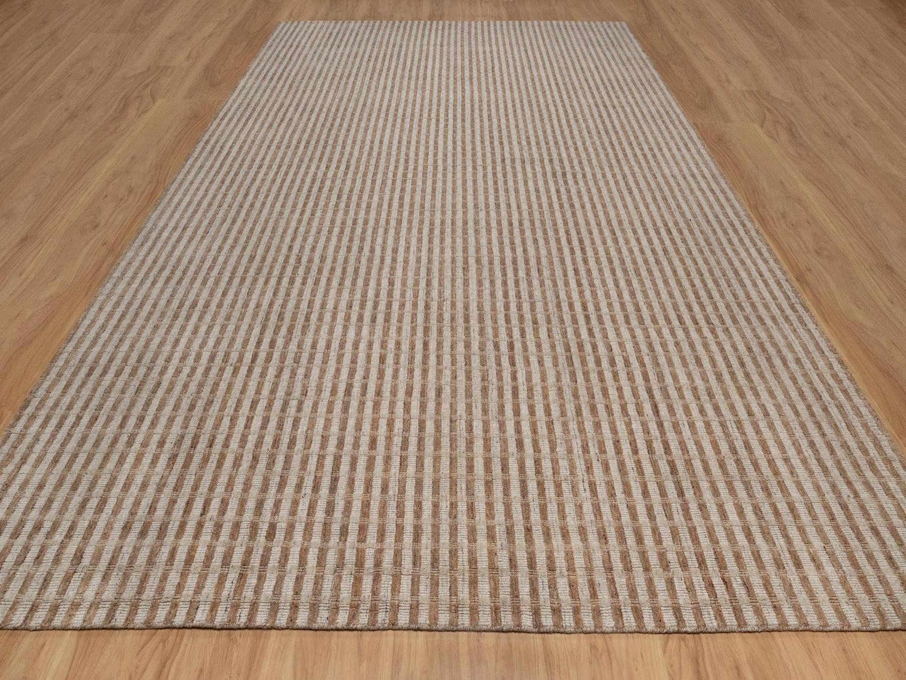 10'x14' Tan and Beaver Brown, Vertical Stripes Design with Salt and Pepper Effect, Undyed Natural Wool, Hand Loomed, Oriental Rug HR92935 - Image 2