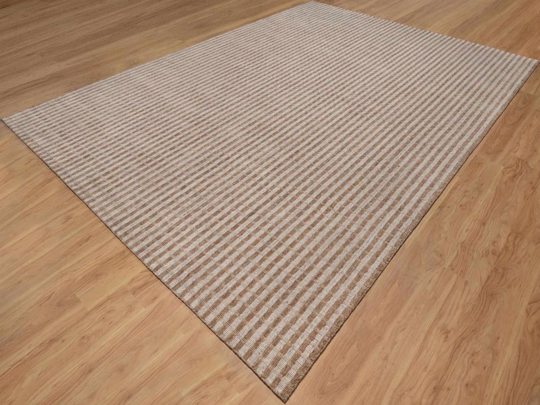 10'x14' Tan and Beaver Brown, Vertical Stripes Design with Salt and Pepper Effect, Undyed Natural Wool, Hand Loomed, Oriental Rug HR92935 - Image 3