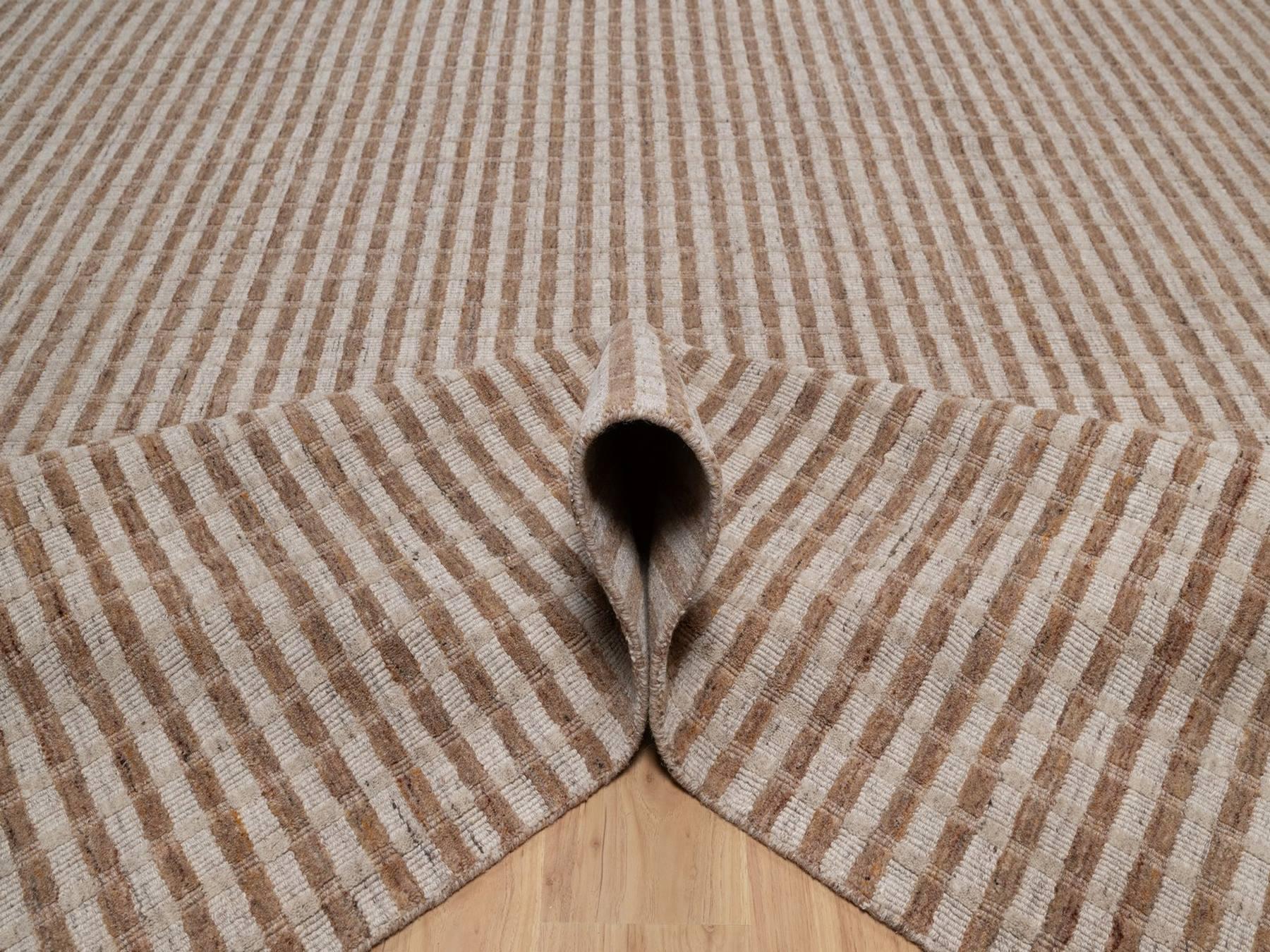 10'x14' Tan and Beaver Brown, Vertical Stripes Design with Salt and Pepper Effect, Undyed Natural Wool, Hand Loomed, Oriental Rug HR92935 - Image 5