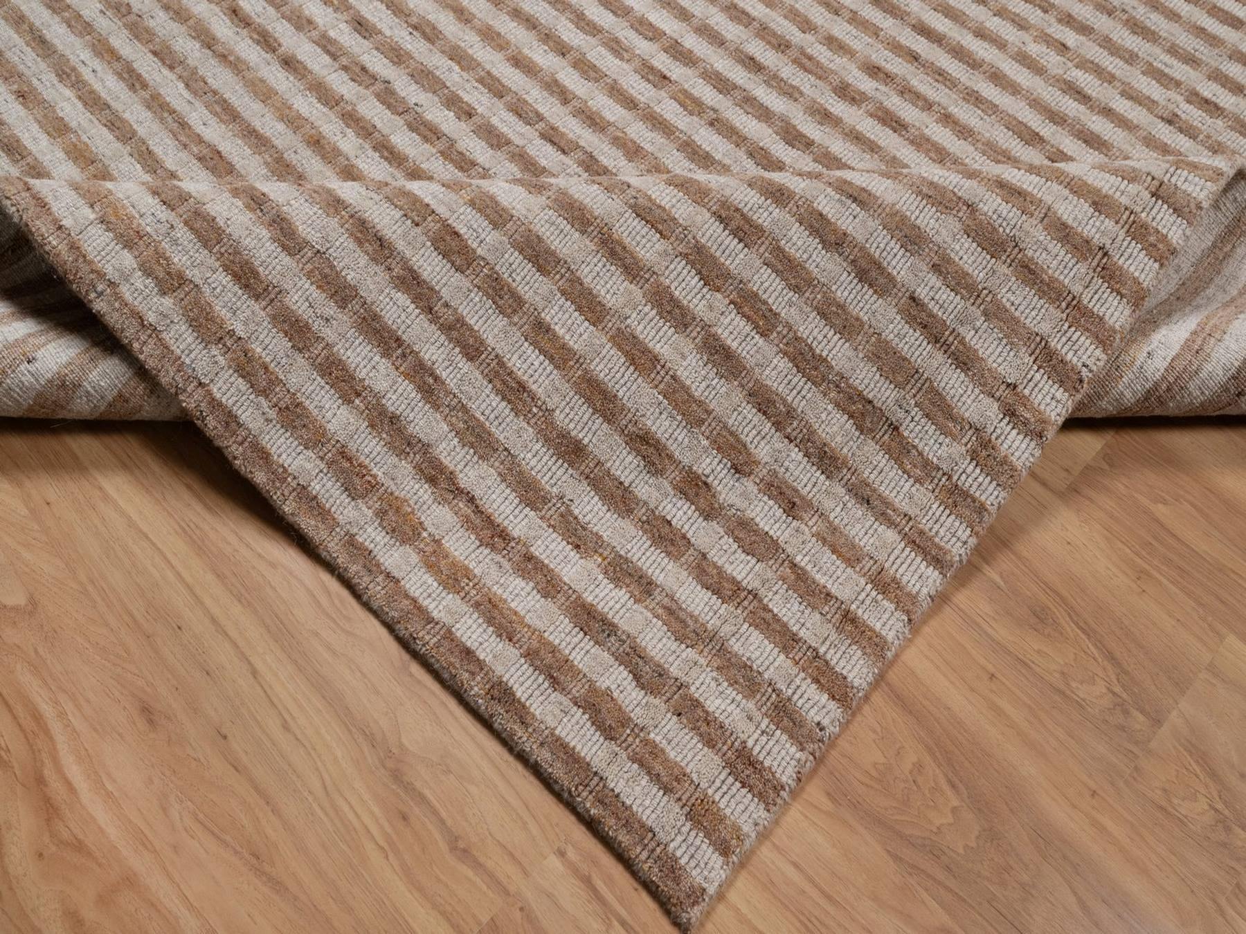 10'x14' Tan and Beaver Brown, Vertical Stripes Design with Salt and Pepper Effect, Undyed Natural Wool, Hand Loomed, Oriental Rug HR92935 - Image 6