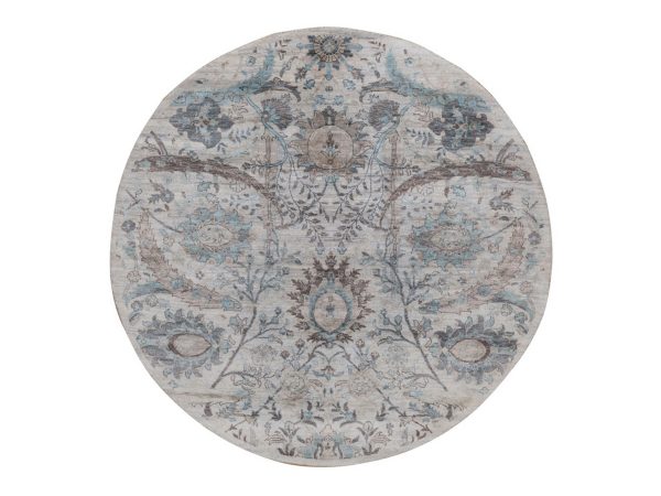 6'x6' Light Gray, Sickle Leaf Design, Hand Knotted, Silk with Textured Wool, Plush and Lush, Borderless, Round, Oriental Rug HR93016