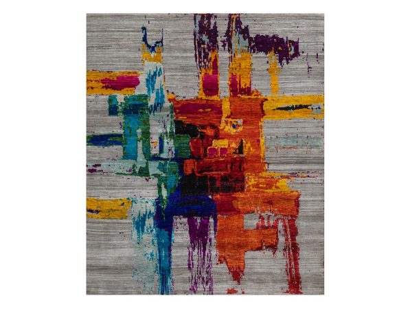 8'3"x9'10" Flannel Gray, Modern Abstract Motifs with Colorful Painter's Brush Strokes, Hand Knotted, Wool and Sari Silk, Oriental Rug HR93019