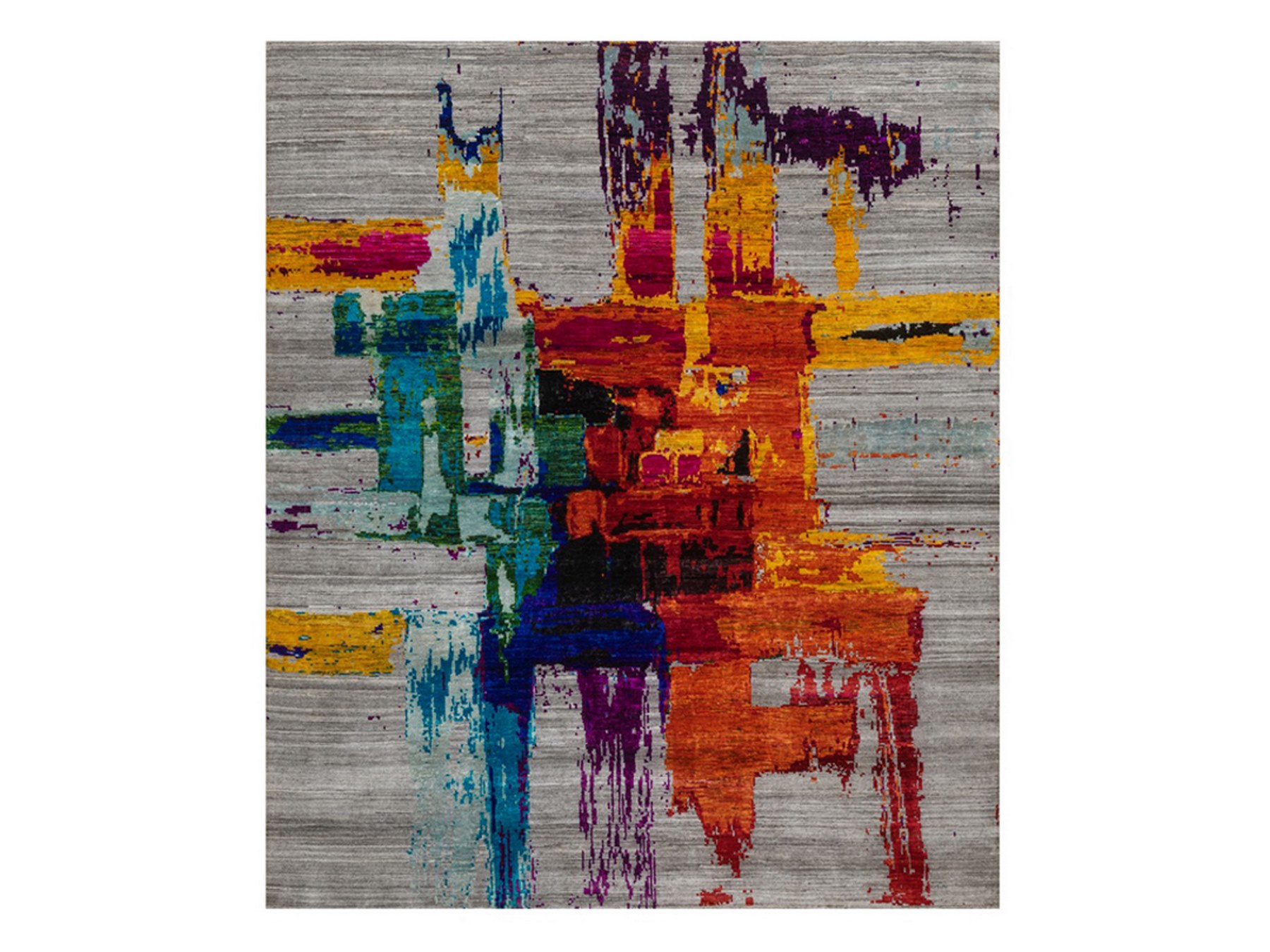 8'3"x9'10" Flannel Gray, Modern Abstract Motifs with Colorful Painter's Brush Strokes, Hand Knotted, Wool and Sari Silk, Oriental Rug HR93019