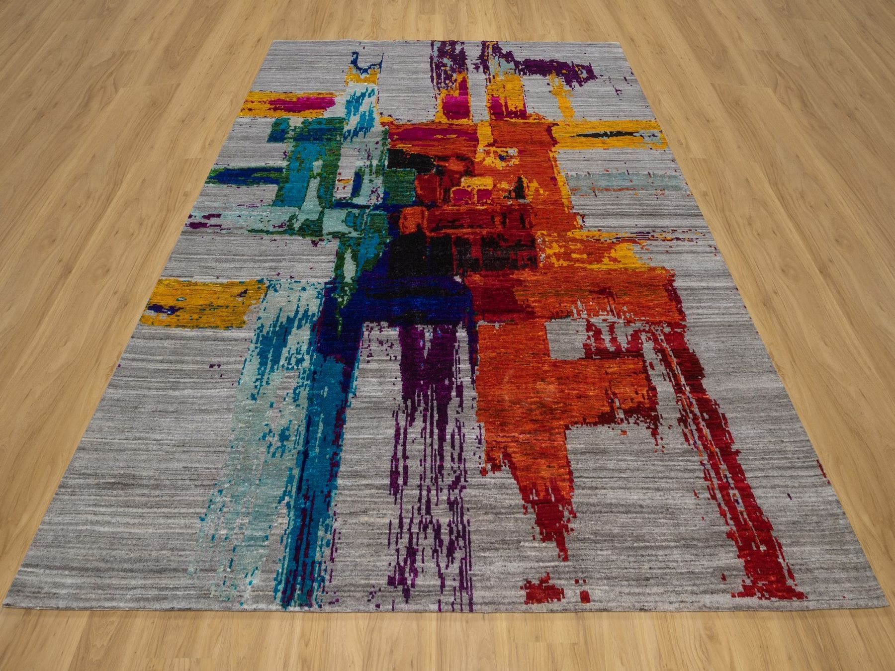 8'3"x9'10" Flannel Gray, Modern Abstract Motifs with Colorful Painter's Brush Strokes, Hand Knotted, Wool and Sari Silk, Oriental Rug HR93019 - Image 2