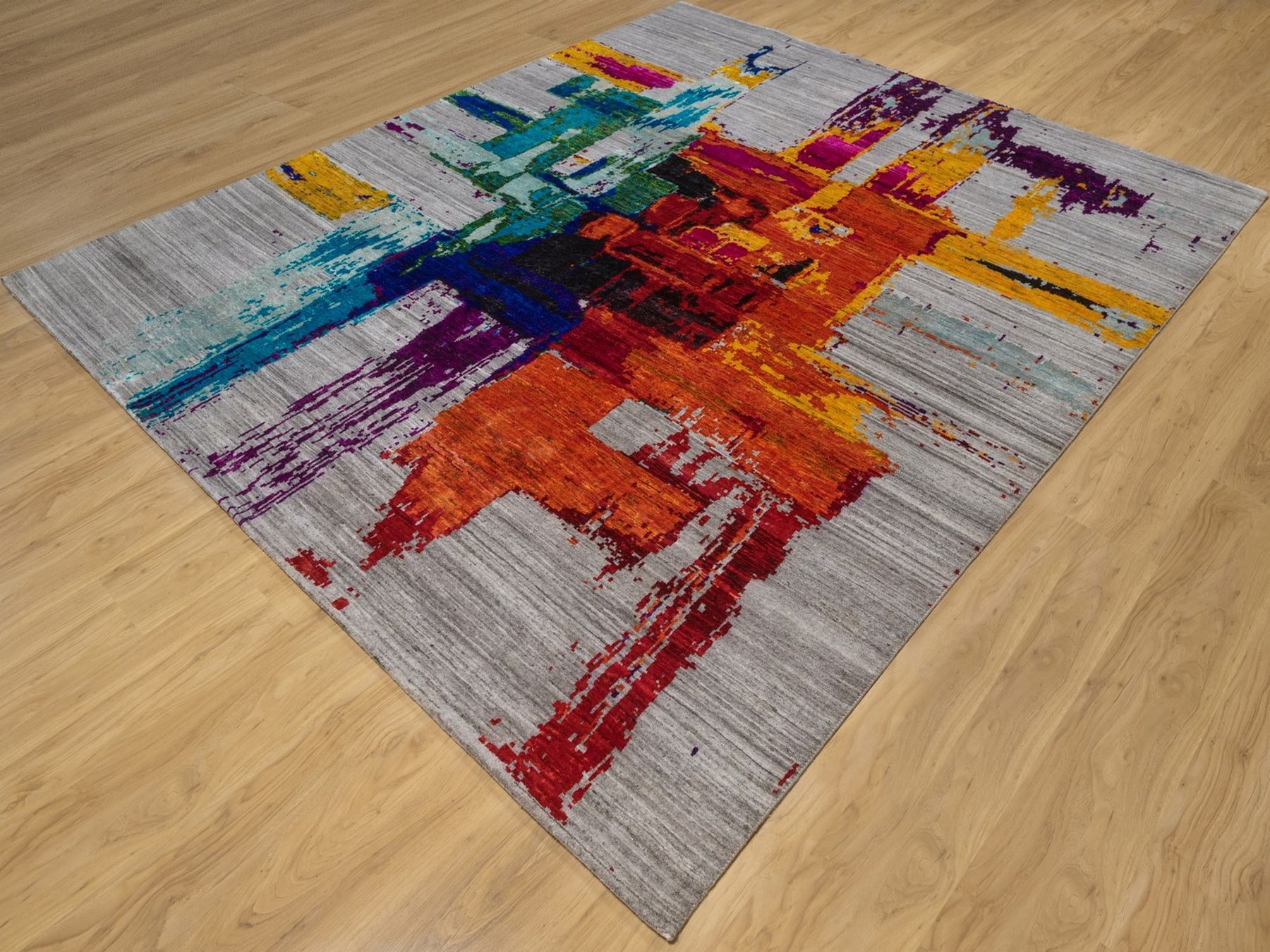 8'3"x9'10" Flannel Gray, Modern Abstract Motifs with Colorful Painter's Brush Strokes, Hand Knotted, Wool and Sari Silk, Oriental Rug HR93019 - Image 3