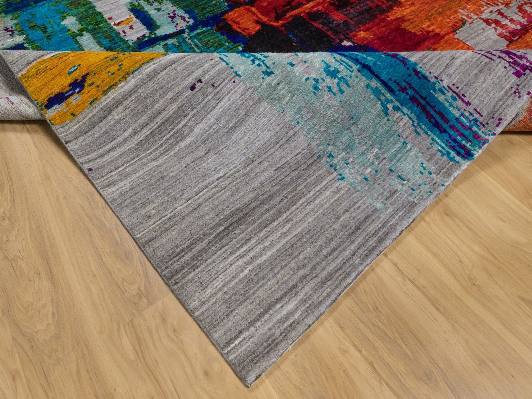 8'3"x9'10" Flannel Gray, Modern Abstract Motifs with Colorful Painter's Brush Strokes, Hand Knotted, Wool and Sari Silk, Oriental Rug HR93019 - Image 6