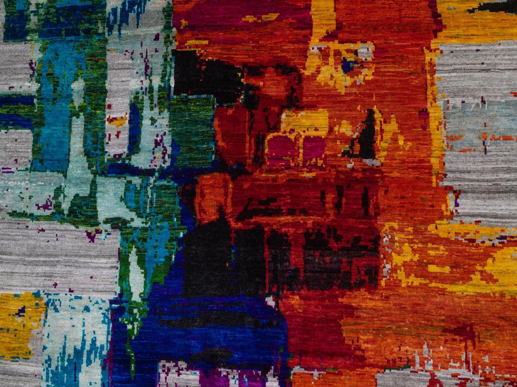 8'3"x9'10" Flannel Gray, Modern Abstract Motifs with Colorful Painter's Brush Strokes, Hand Knotted, Wool and Sari Silk, Oriental Rug HR93019 - Image 8