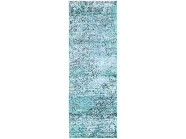 2'x5'7" Aqua Green, Overdyed Vintage Persian Tabriz, Worn and Distressed, Sides and Ends Professionally Secured, Shaved Down, Hand Knotted, 100% Wool, Fragment, Short & Narrow Runner, Oriental RuHRSh963